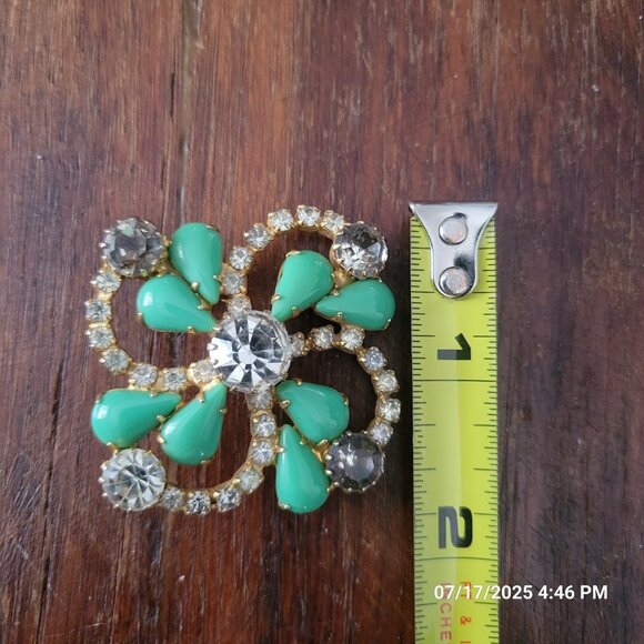 Vintage gold tone clear rhinestone aqua green flower brooch pin - Picture 5 of 5